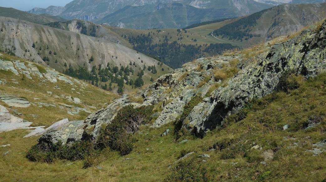 Le vallon de Fontanalba depuis la zone au-dessus des lacs Jumeaux. DerriĂšre la croupe herbeuse de la baisse de PeĂŻrefique entre le vallon de CastĂ©rino et la vallĂ©e de la Roya, la crĂȘte frontiĂšre entre la France et l'Italie avec Ă gauche le col de Tende et Ă droite la pointe Marguareis.