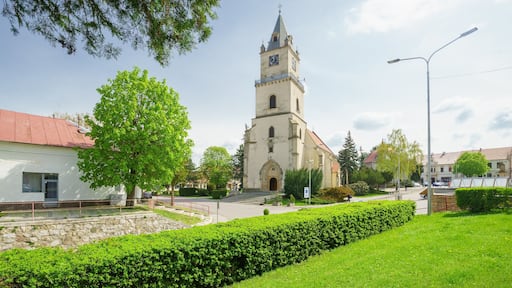 spring square and the church of St. Michael in Hlohovec, looking at the central entrance to the church