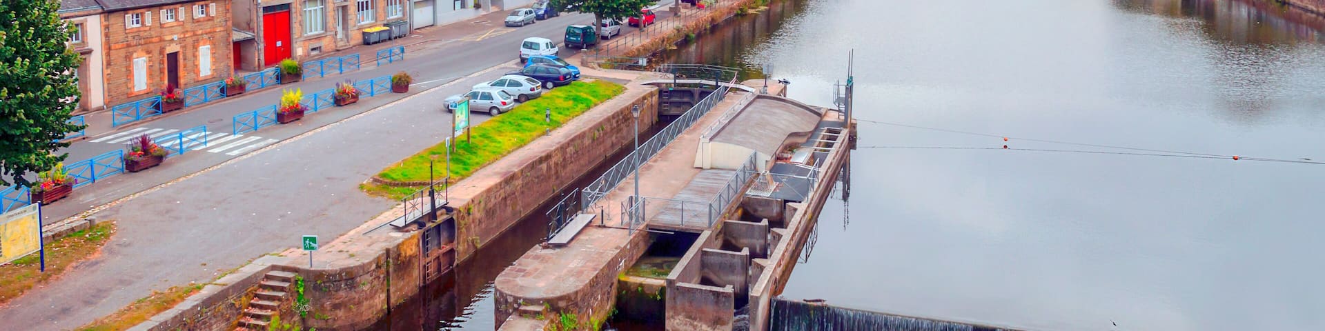 Chateaulin with its stone houses on a cloudy day. It is located in French Brittany.