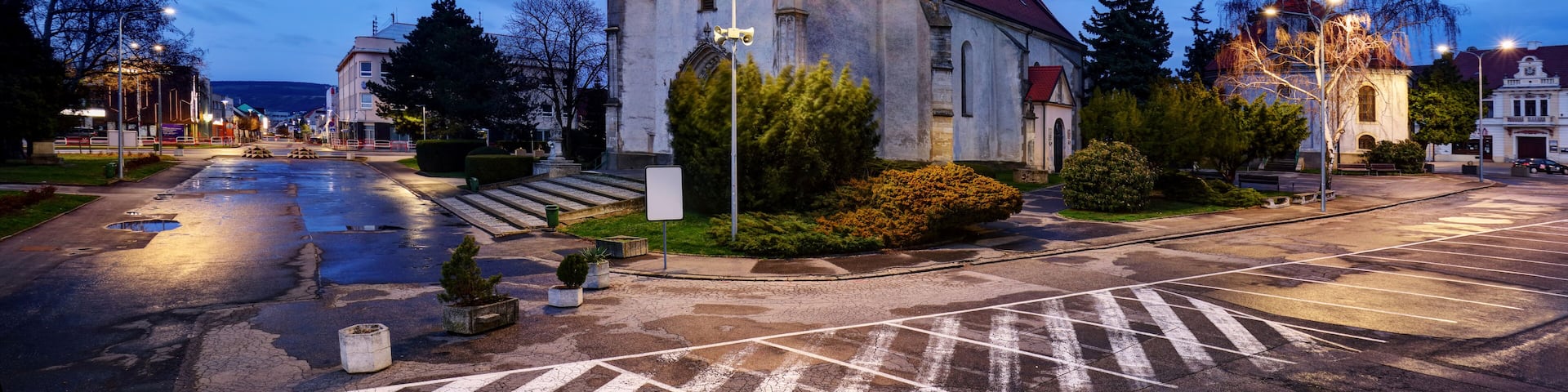 Hlohovec city with church and square at night, Slovakia