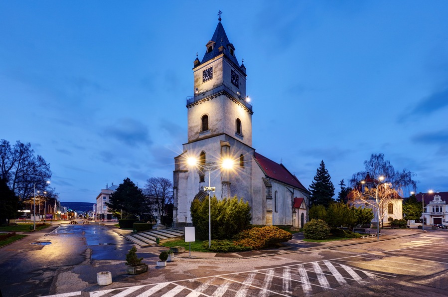 Hlohovec city with church and square at night, Slovakia