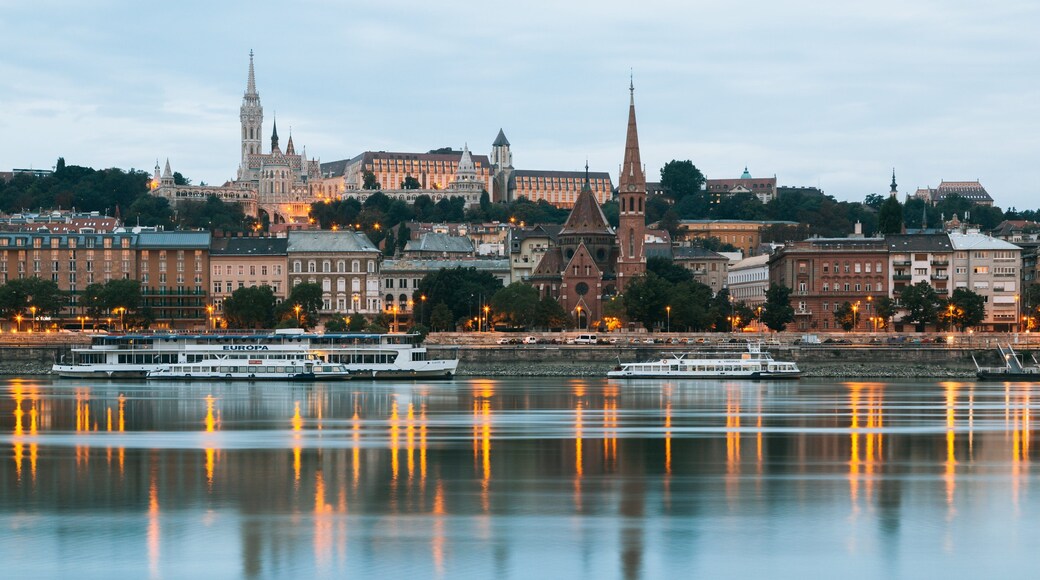 Budapest City Centre which includes a ferry, a city and a river or creek