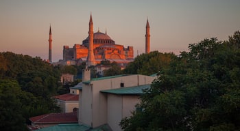 Hagia Sophia showing a church or cathedral, heritage architecture and a city