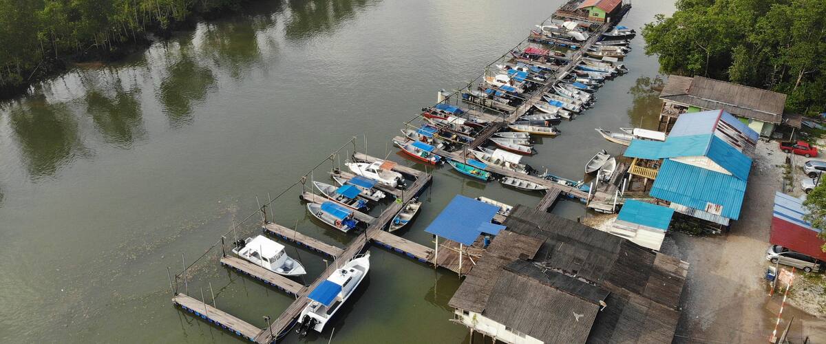 A riverfront with a dock filled with boats and a small building with a blue roof.