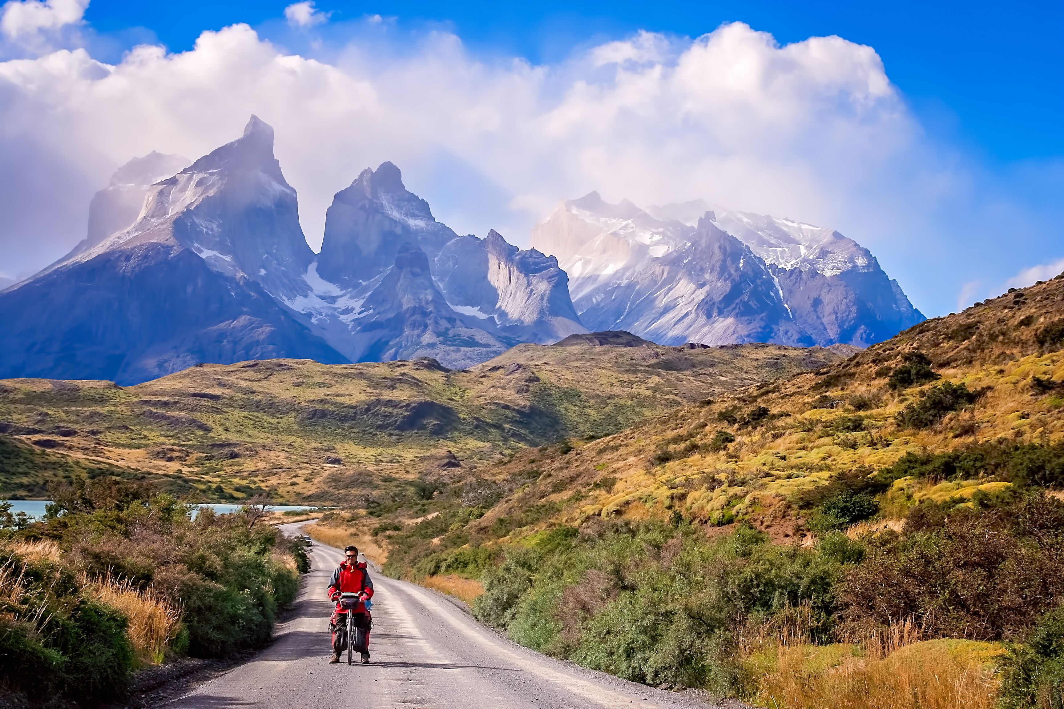 Cycling in front of Cuernos del Paine