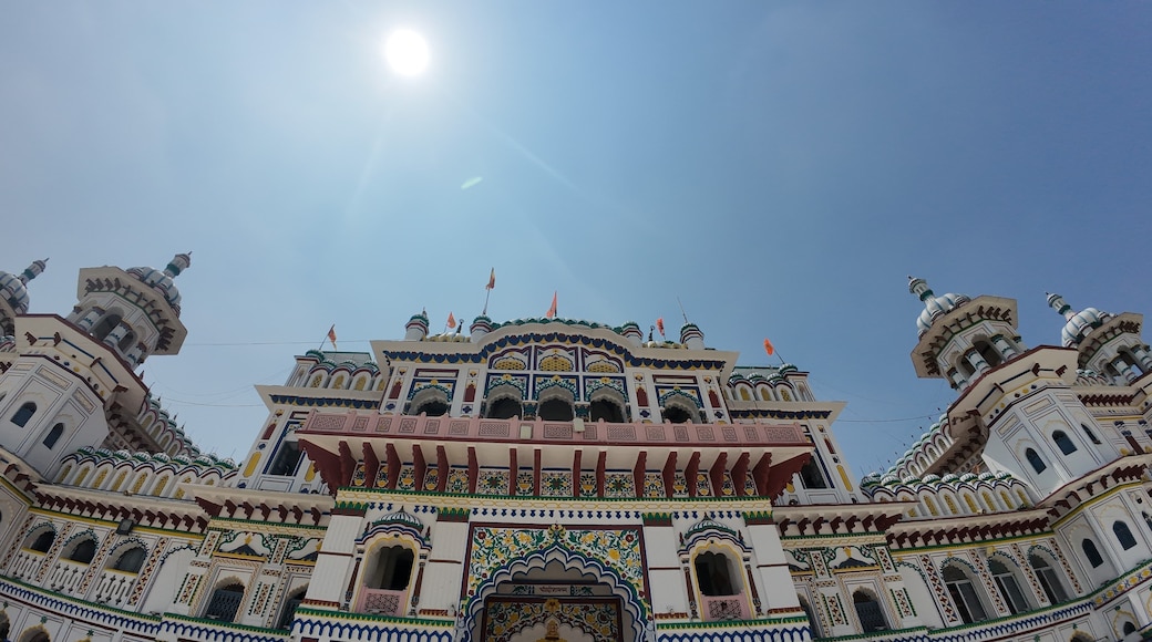 Ornate Exterior Top View of Janaki Temple in Janakpur Nepal Against Clear Blue Sky