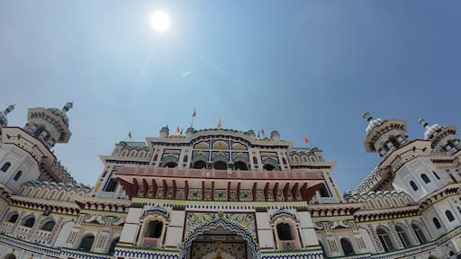 Ornate Exterior Top View of Janaki Temple in Janakpur Nepal Against Clear Blue Sky