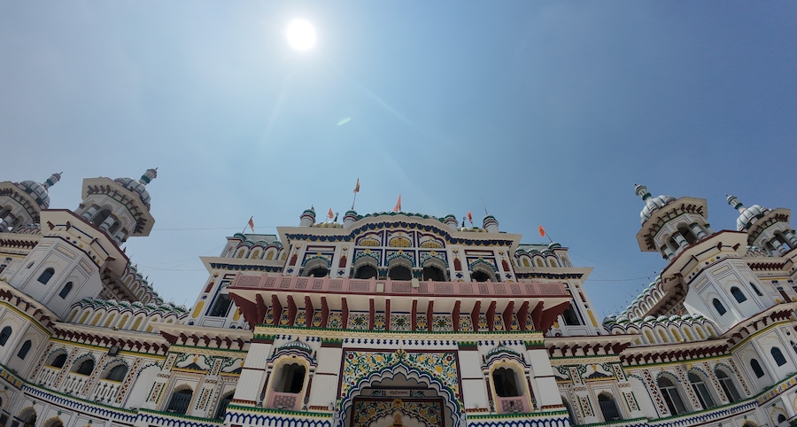 Ornate Exterior Top View of Janaki Temple in Janakpur Nepal Against Clear Blue Sky