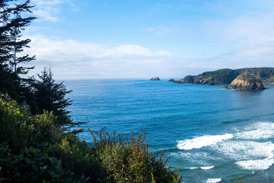 A coastal landscape with a sandy beach, rocky cliffs, and a forested hillside.