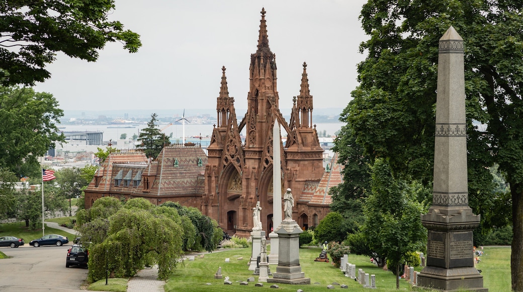 Green-Wood Cemetery showing a church or cathedral, heritage architecture and a cemetery