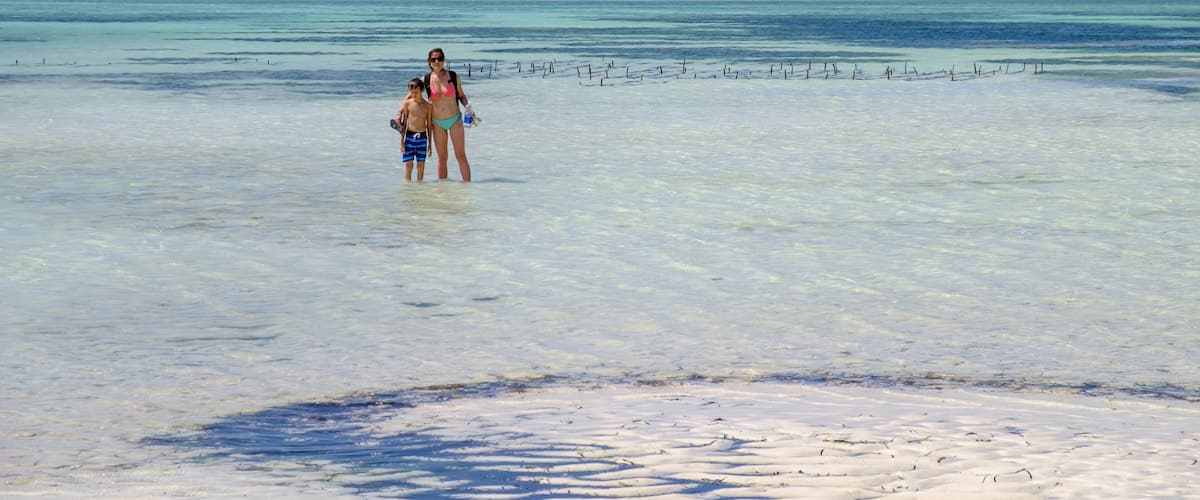 A beach with clear turquoise water and a sandy shore.