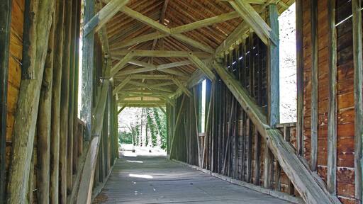 Le Pont-Chrétien-Chabenet (Indre). Le pont couvert. Le pont de bois, couvert, enjambe la Bouzanne. Ce pont doit être, en France, le seul ouvrage en bois entièrement couvert (le pont couvert moderne de Saint-Gervais-sous-Meymont reste une exception, il n'est pas fermé sur les côtés). Classé monument historique le 20 juillet 1992, son édification a été autorisée par la préfecture de l’Indre en 1855 suite à une demande du Comte de Poix, seigneur de Chabenet. Le pont a été restauré en 2001. Selon la version locale, le pont couvert aurait été bâti, entre 1847 et 1854, lors de la construction du tronçon Châteauroux/Argenton-sur-Creuse du chemin de fer du Centre (ligne Paris-Toulouse), pour permettre aux ouvriers italiens travaillant au percemement du tunnel et au chemin du viaduc des Roches, de franchir quotidiennement la Bouzanne. La traversée de la Bouzanne, effectuée jusque là en barque, avait coûté le vie à neuf d'entre eux le 20 avril 1847, leur embarcation ayant été emportée par une crue. En outre la couverture du pont offrait un abri pour le repas des ouvriers. Selon une autre version, le pont aurait été construit vers 1860 par le comte de Poix pour desservir ses domaines. Le tronçon Châteauroux-Limoges de la ligne Paris-Toulouse sera confié au jeune ingénieur Jules Carvallo*, né en 1820 au sein d'une famille d'origine juive portugaise. Peu de temps après sa sortie des Écoles polytechnique et des ponts et chaussées, Il doit donc superviser la réalisation du tunnel des Roches et le viaduc enjambant la Bouzanne*. Il va être confronté à la dure réalité du terrain. "Les chantiers de chemins de fer avaient la réputation d'être ingérables. Ils réunissaient un nombre impressionnant d'ouvriers, de corps de métiers et de provenances géographiques. Les conditions de vie et de travail y étaient en outre épouvantables. C'est pourquoi les bagarres étaient quotidiennes et d'une grande violence." (Léandre Boizeau*) Jules Carvallo, qui n'a pas encore 30 ans, sera donc confronté à la noyade des neuf ouvriers qui traversaient la Bouzanne en crue, il devra également s'interposer, armé, à des ouvriers grévistes, il sera même accusé d'actes crapuleux. Après ce séjour mouvementé au Pont-Chrétien de1845 à 1852, l'homme est devenu "influent, respectable et respecté." Les difficultés de Carvallo s'inscrivent dans une période, par ailleurs plutôt tragique dans la région, avec les émeutes de Buzançais. Dans les campagnes de l’Indre, durant l'hiver de 1846/1847, la maladie de la pomme de terre, la spéculation sur le blé et le chômage saisonnier aggravent les conditions de vie très précaires du petit peuple des villages, journaliers agricoles et artisans. On se révolte contre les profiteurs, les usuriers, les propriétaires. La “Jacquerie de Buzançais*” restera l'affaire la plus considérable, mais ce ne sera pas la seule, 35 localités de l'Indre veront des émeutes. La radicalité des actions et la dureté de la répression, provoquent la réaction de personnalités, comme George Sand*, Gustave Flaubert, Victor Hugo, ou encore Karl Marx*. Le trajet aurait pu, sans doute, être plus simple et moins coûteux, mais on peut penser que le Comte De Poix, important actionnaire des chemins de fer d’Orléans, a fait revoir le tracé pour qu’il évite ses vignes et son château. Son wagon spécialement aménagé était stationné en gare de Chabenet. Léandre Boizeau, instituteur dans l'Indre, l'un des membres fondateurs du magazine saisonnier (plus quelques numéros spéciaux) berrichon, la Bouinotte. Jules Carvallo (1820-1915), publiera une "étude sur la Stabilité des voûtes" en 1853. En 1860, il sera l'un des six signataires de l'appel fondateur de "l'Alliance Israélite universelle". Cette fondation est une conséquence de l'affaire de Damas (suite de la disparition d’un moine franciscain à Damas, des Juifs de la ville, accusés de crime rituel, sont arrêtés et torturés ; certains meurent), et de l'affaire Mortara. (Edgardo Mortara, né en 1851 dans une famille juive de Bologne, est enlevé par les autorités papales car il avait été baptisé à l’âge d’un an par la servante catholique de la famille. Il n’est jamais rendu à sa famille et devient même prêtre). Au cours d'une émeute à Buzançais, initiée par le vol d'un convoi de blé - 1060 décalitres - motivé par la famine, entre le 13 et le 15 janvier 1847, des émeutiers tentent d'assassiner le meunier Cloquemin et les propriétaires Brillant et Gaulin après avoir pillé leurs maisons. Enfin, battent à coups de bâton, de fourche et de sabots M.Huard-Chambert, propriétaire bourgeois qui avait tiré pour se défendre sur Venin, chef des émeutiers, l'abattant net. 26 accusés seront jugés par la Cour d'assise de l'Indre (le jury a été recruté chez les propriétaires, on écartera le seul juré qui serait "hostile" au gouvernement) pour "pillage, assassinat, tentatives d'assassinat et d'incendie". Les avocats des émeutiers, maîtres Protade-Martinet et Rollinat, (le père de l’écrivain Maurice Rollinat) mettent en avant la misère du peuple dans son ensemble : « Le peuple ne sait, ne voit qu’une seule chose, c’est qu’on emporte au loin le blé, sa seule nourriture », « Les accusés n’ont été que des instruments qui ont exécuté une sentence prononcée par la multitude ». Le 4 mars 1847, Baptiste Bienvenu, Louis Michot et François Velluet, seront condamnés à mort par le tribunal de Châteauroux, quatre aux travaux forcés à perpétuité, les dix-huit autres à des peines plus ou moins fortes, et à l'exposition publique sur la place de Buzançais, un seul sera acquitté (Bezard). Baptiste Bienvenu, Louis Michot et François Velluet seront guillotinés en place publique, à Buzançais, le 16 avril 1847. Les trois guillotinés du 16 avril, sont : - Louis Michot, 20 ans, ouvrier sabotier, célibataire, hab. Châteauroux, rue des Ponts. - François Velluet, 37 ans, garde particulier, marié 4 enf., hab Bonneau commune de Sainte-Gemme. - Baptiste Bienvenu, 25 ans, journalier, célibataire, hab. Buzançais. George Sand écrit à son cousin en février 1847 "C’est affreux, et entre ceux qui vont comparaître aux assises et ceux qui vont les accuser, je ne sais trop lesquels ont mérité les galères". "La maladie de la pomme de terre et les mauvaises récoltes de 1845 et de 1846 accentuèrent l'effervescence générale dans le peuple. Le renchérissement de la vie en 1847 provoqua en France comme sur tout le reste du continent des conflits sanglants. Face aux orgies scandaleuses de l'aristocratie financière, c'était la lutte du peuple pour les moyens d'existence les plus élémentaires ! A Buzançais, on exécuta les émeutiers de la faim à Paris des escrocs repus étaient soustraits aux tribunaux par la famille royale !". (K. Marx - Les luttes de classes en France)