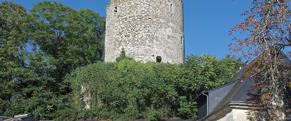 A stone tower surrounded by trees.