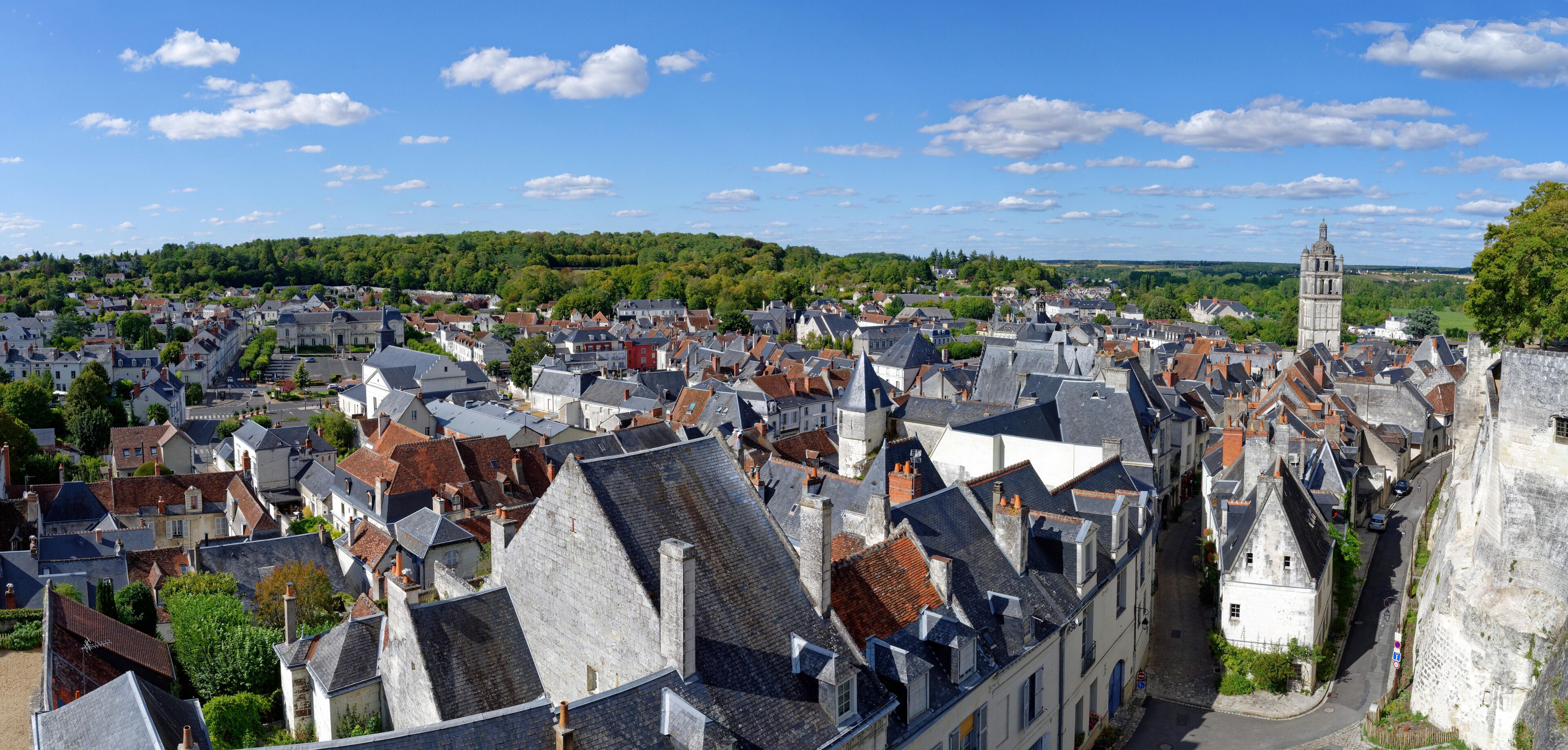 A historic town with a prominent tower, dense architecture, and a green hill in the background.