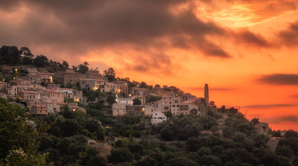 Evening sky over village of Occhiatana in Corsica