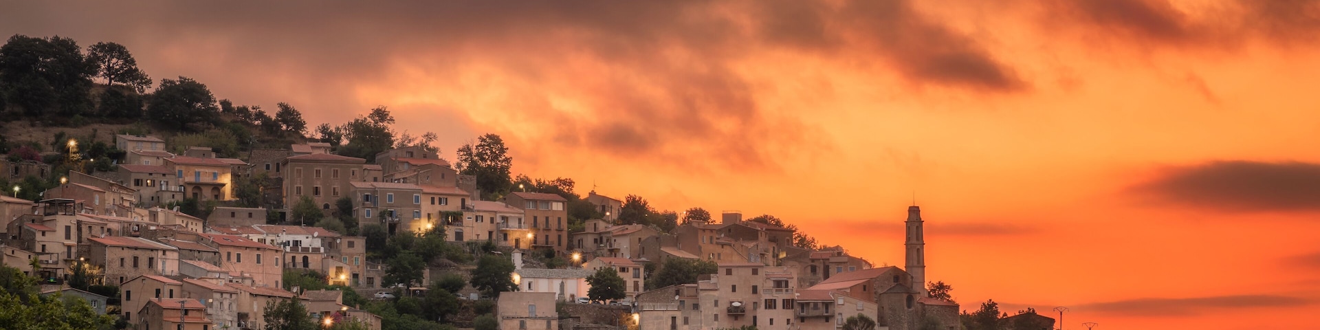 Evening sky over village of Occhiatana in Corsica