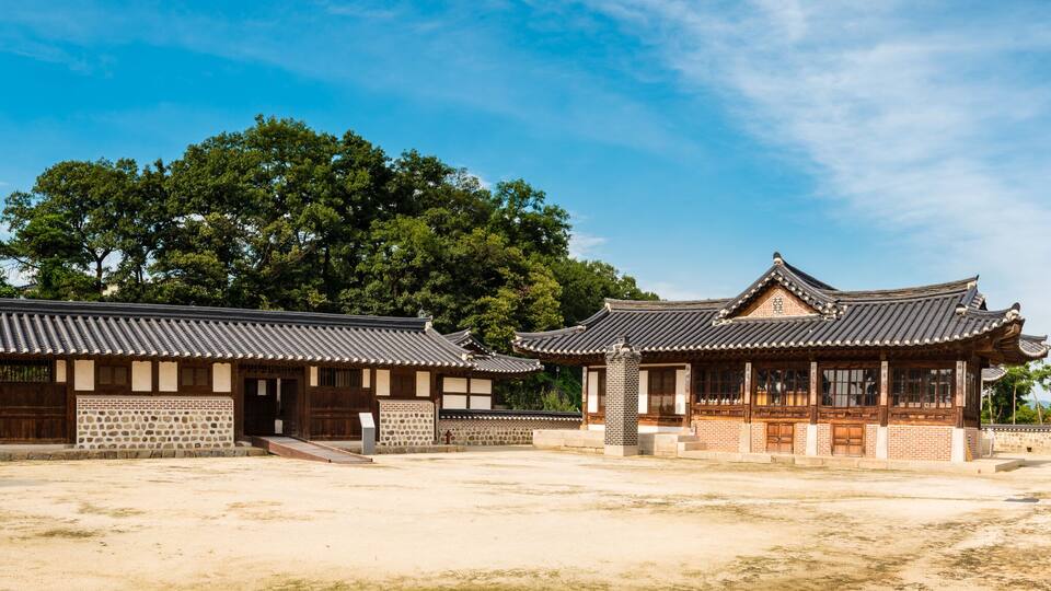 A traditional Korean courtyard with wooden buildings and a large tree.