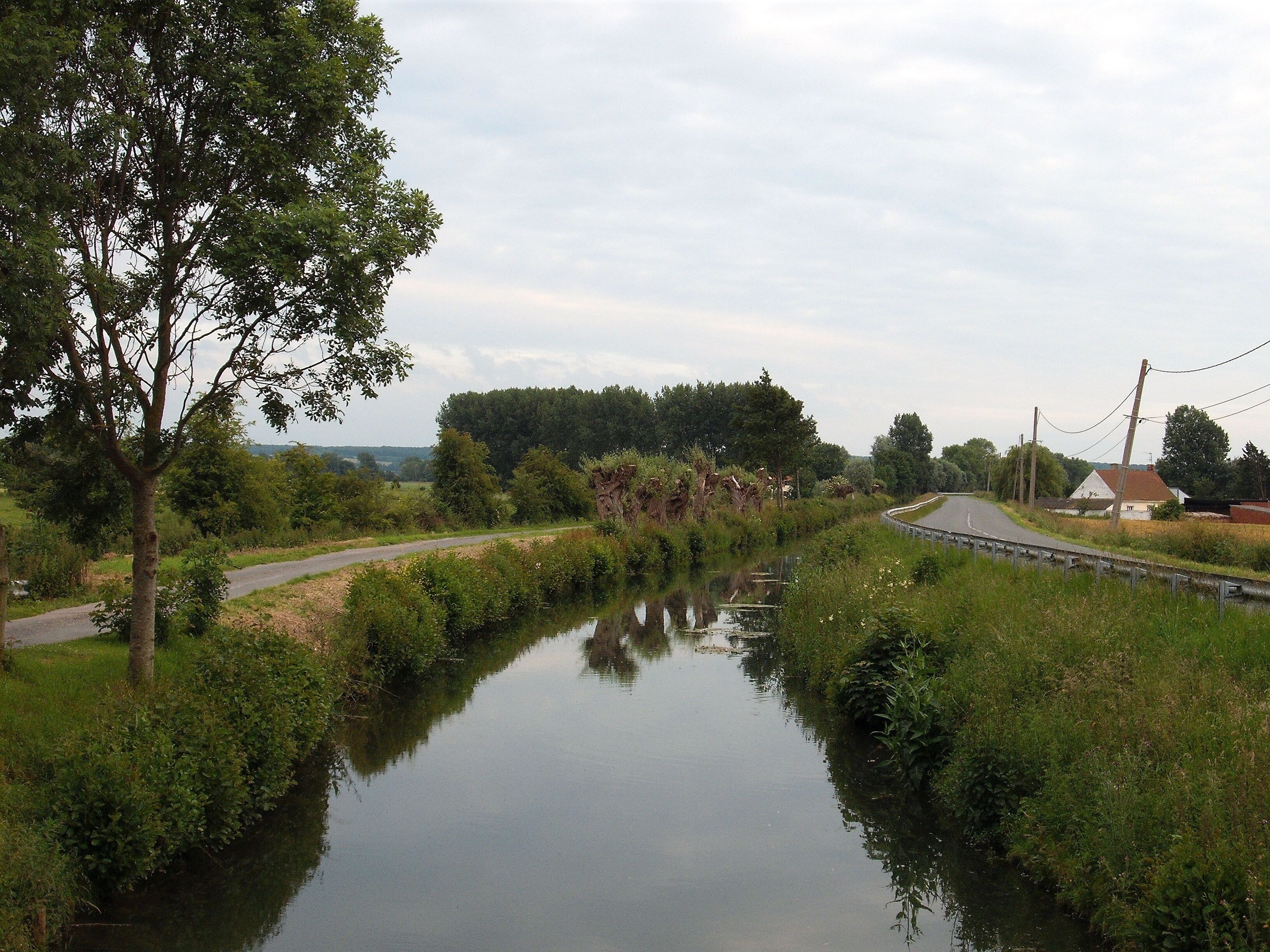 A narrow waterway flanked by lush greenery and a road curving to the right.