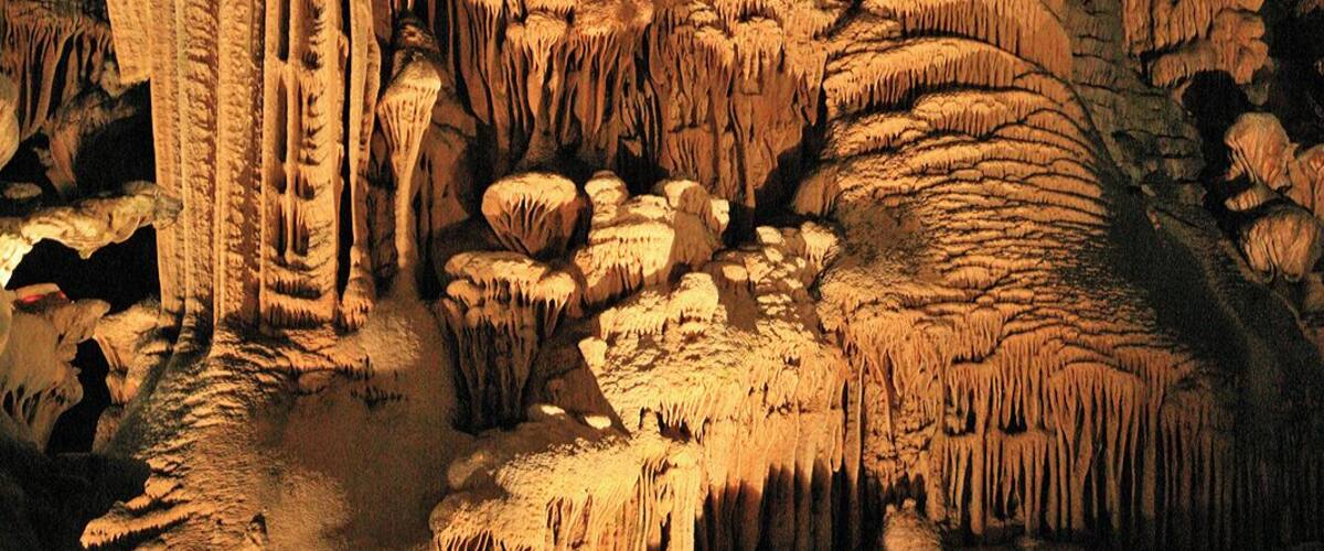 A cave with stalactites and stalagmites.