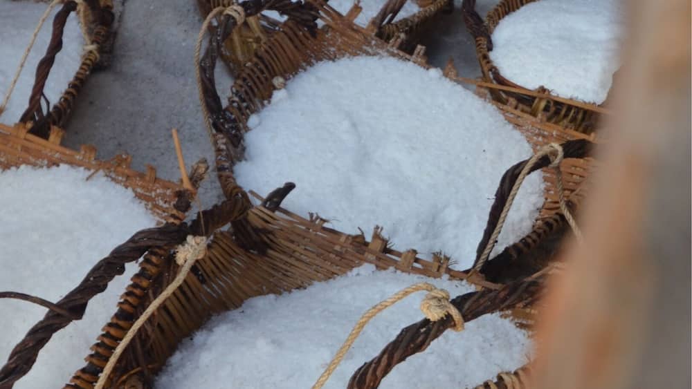 Baskets of salt gathered from salt pans near Kampot on the way from Kep to Sihanoukville.