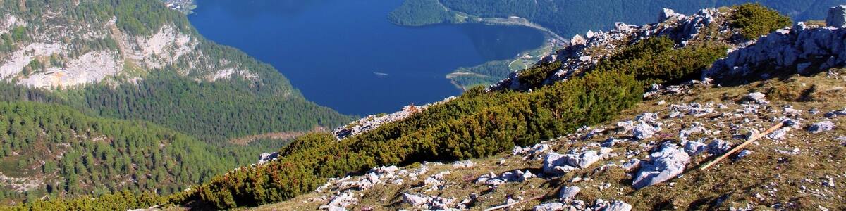 Un paysage montagneux avec un lac entouré de zones boisées et de terrains rocheux.