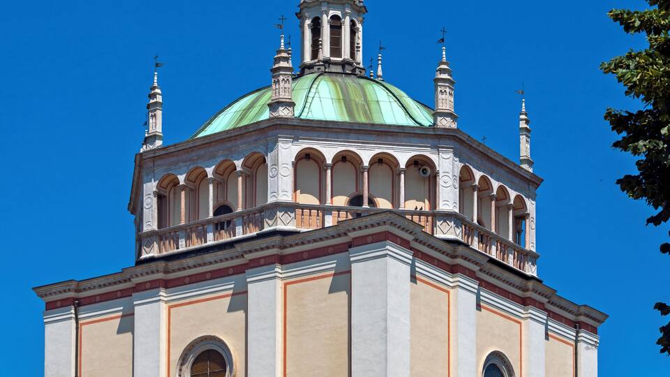 Santissimo Nome di Maria, the church at Crespi d'Adda, Italy, seen from its southwest.