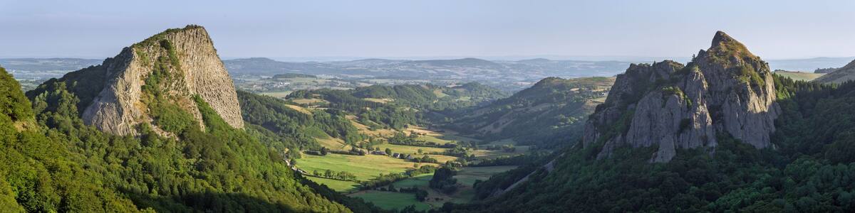 View of Tuiliere and Sanadoire rocks, Orcival, Auvergne, France, Europe