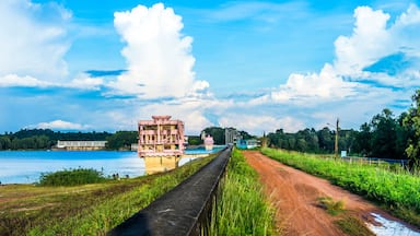 View of beautiful sunset with blue sky in Dau Tieng lake, Tay Ninh province, Vietnam.