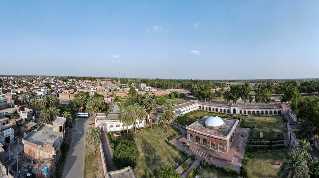 An aerial panorama of the Shrine of Sufi Poet Peer Waris Shah, located in District Sheikhupura of Pakistan. (Public Property))