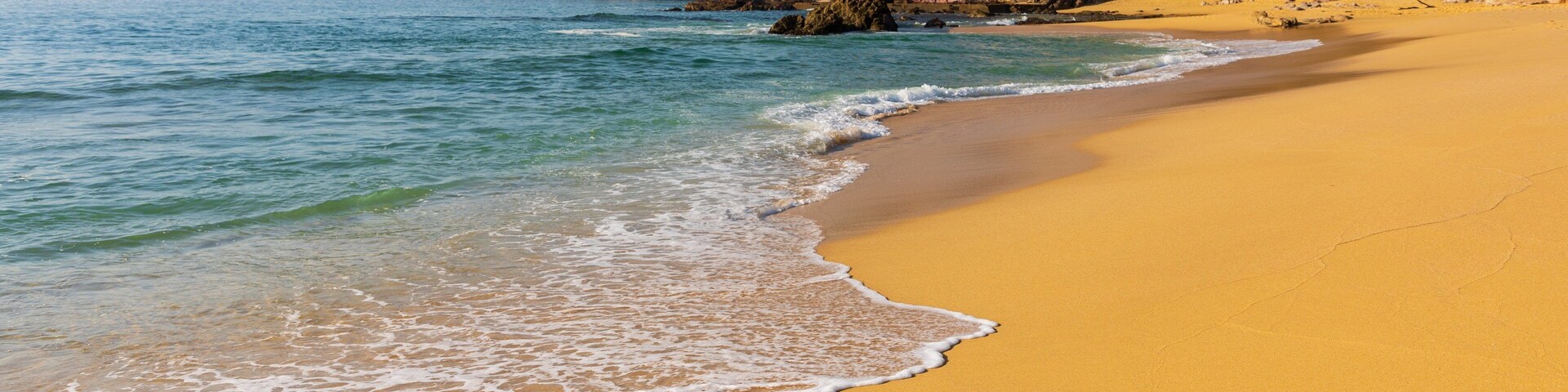 Una playa arenosa con olas suaves, un acantilado rocoso y abundante vegetación al fondo.
