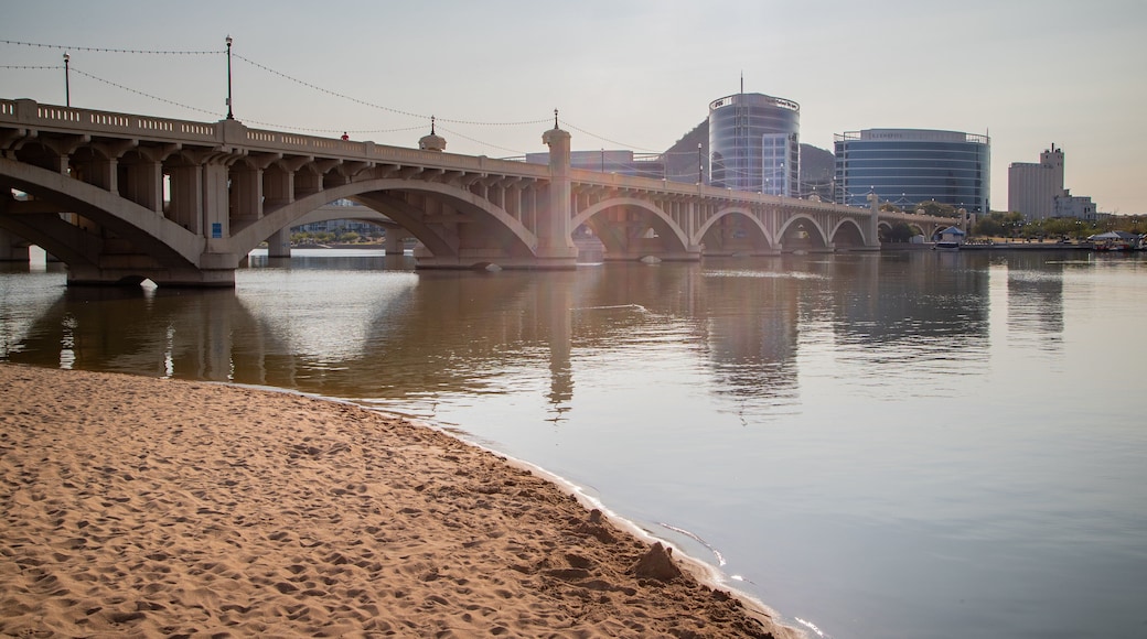 Tempe Town Lake which includes a bridge, a beach and a river or creek