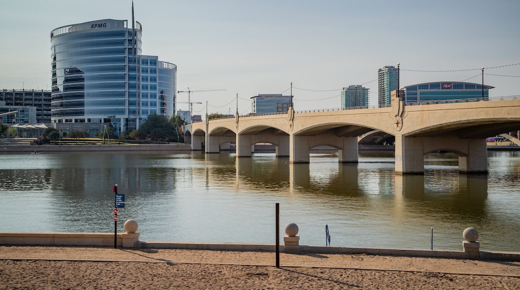 Tempe Town Lake showing a river or creek and a bridge