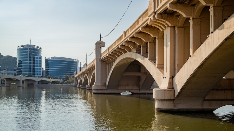 Tempe Town Lake featuring a river or creek and a bridge