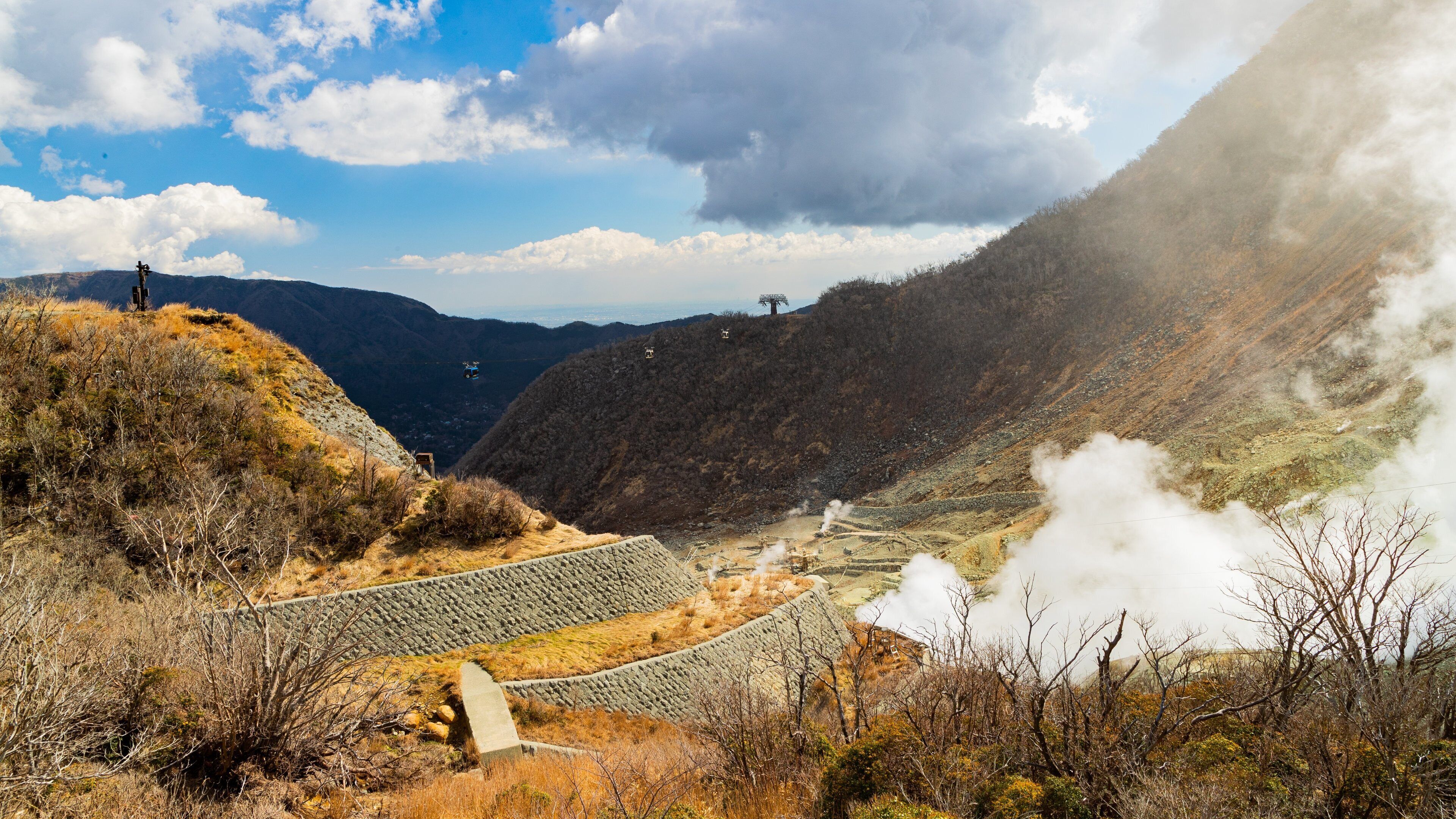 Ōwakudani which includes tranquil scenes, landscape views and mist or fog