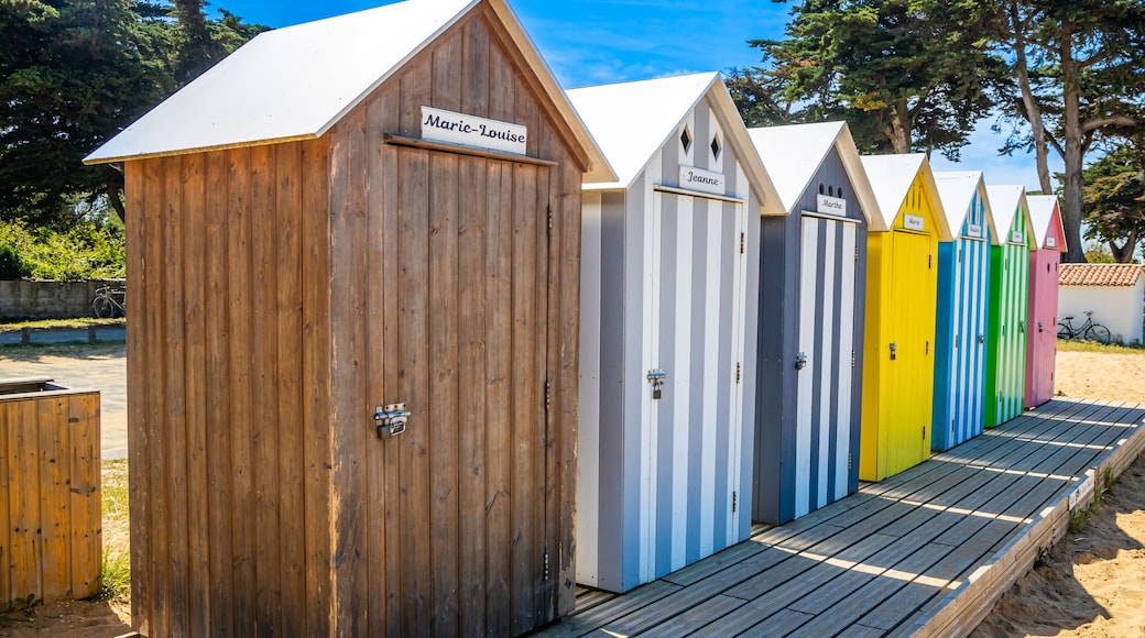 Front of multicolored bath cabins of the beach of La Bree-les-Bains, France