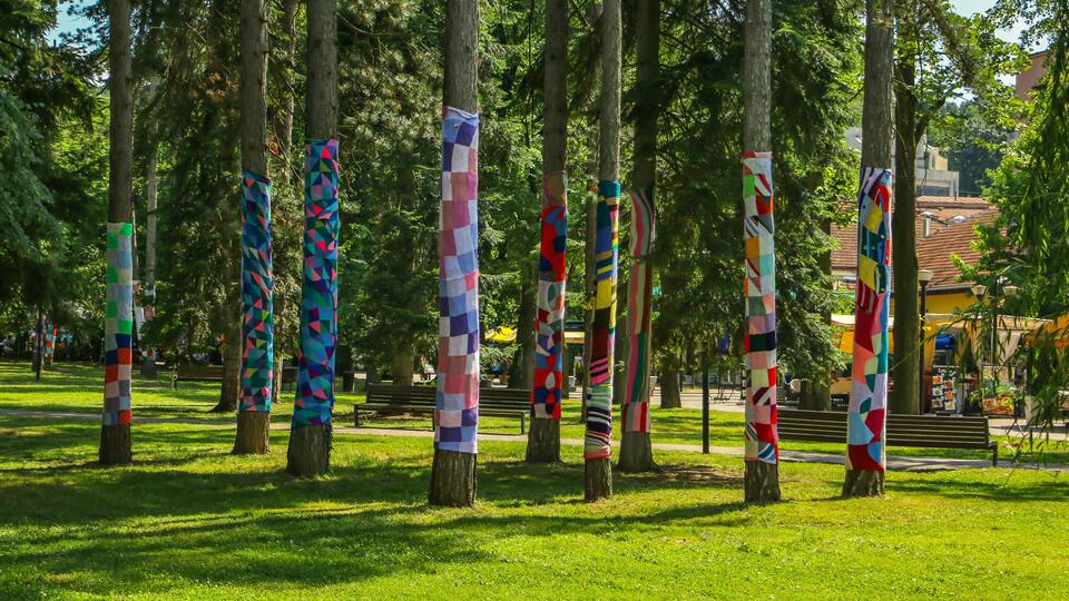 Trees wrapped in colorful quilts in a park.