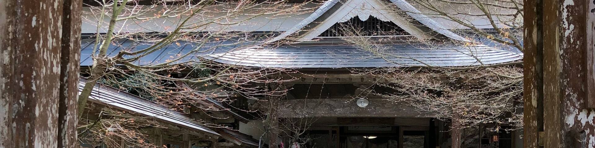 A traditional Japanese building with a tiled roof and stone statues lining the pathway.