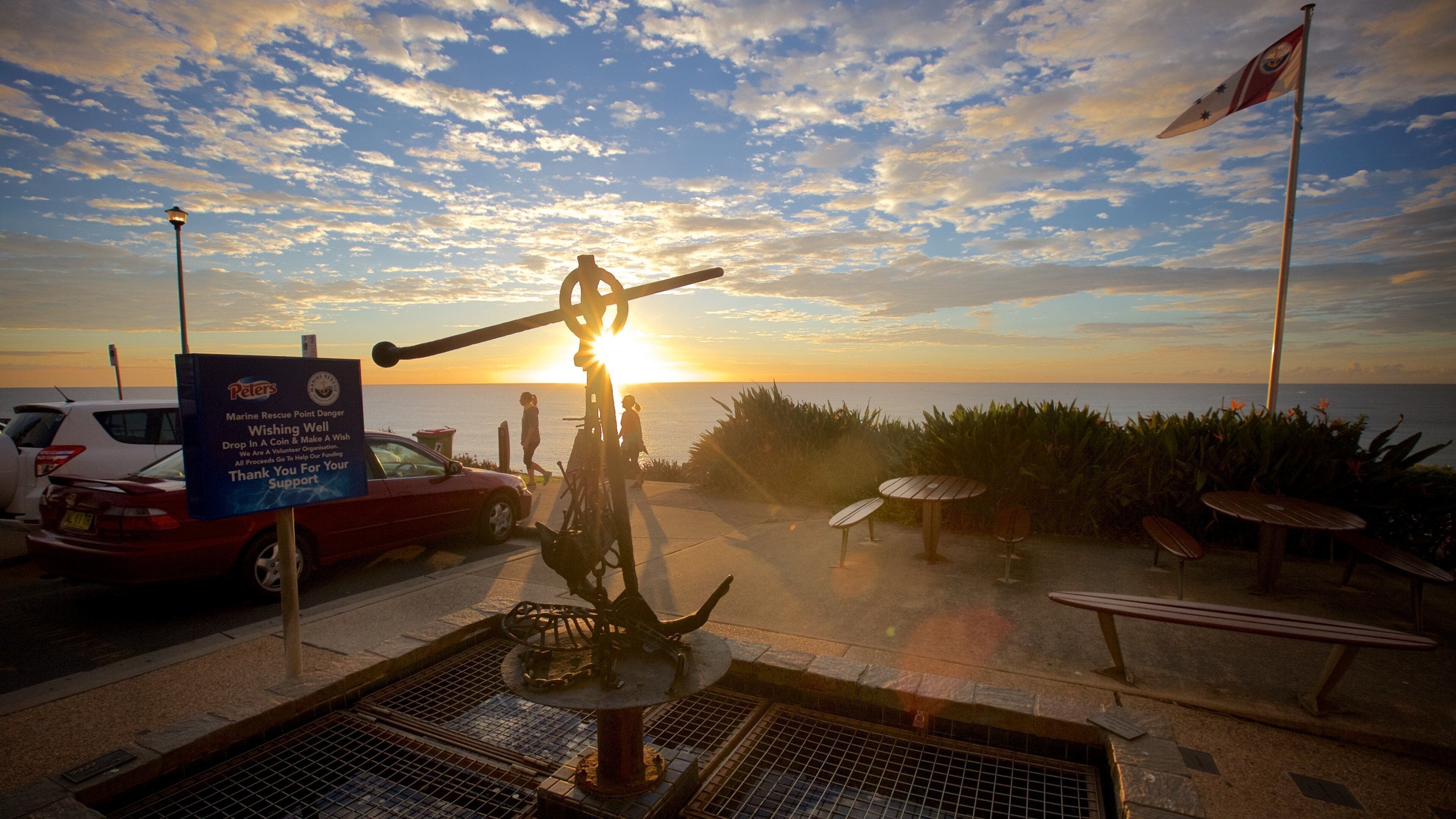 Point Danger which includes outdoor art, general coastal views and a sunset