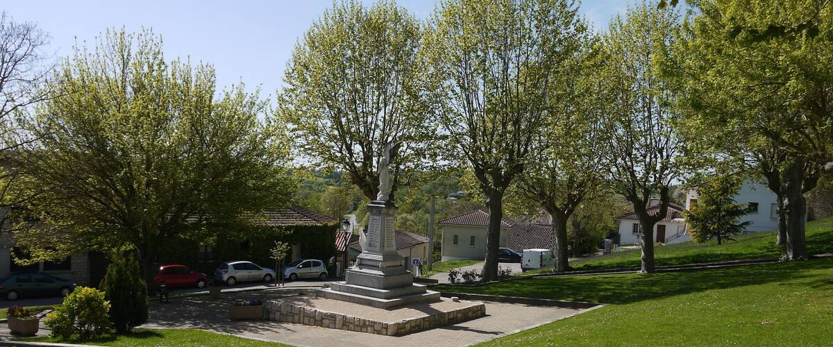 A park with a statue, trees, a paved area, and houses in the background.