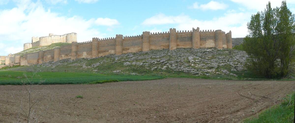 A historic stone castle on a hill with a moat and surrounding greenery.