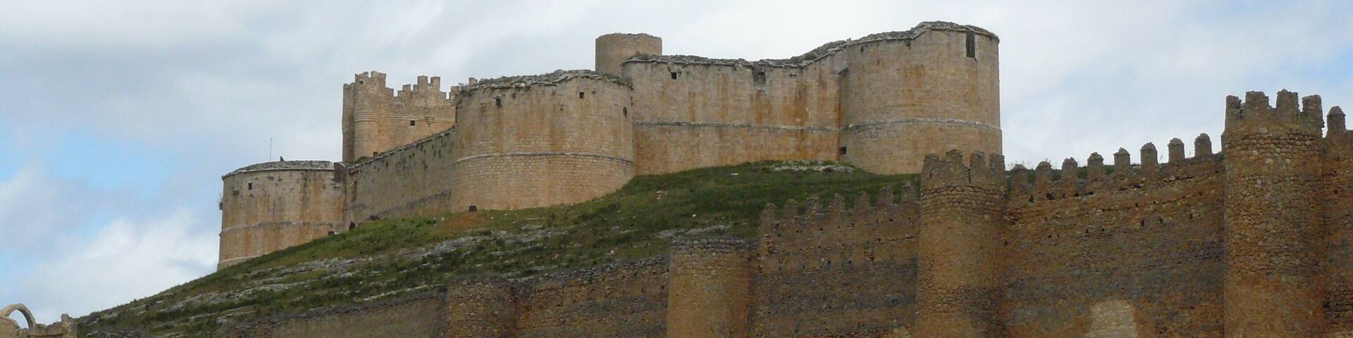 A large medieval castle with multiple towers and a thick stone wall.