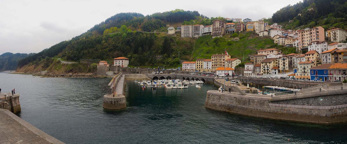 A coastal town with a harbor, boats, and buildings on a hillside.