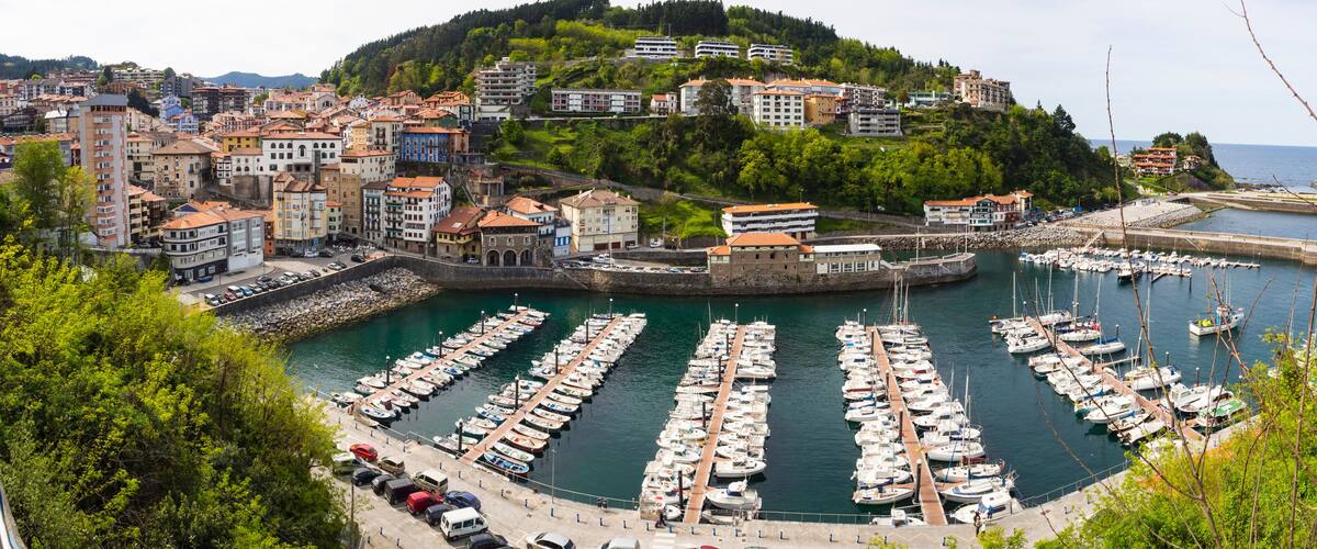 A coastal town with a marina filled with boats, surrounded by lush greenery and hilly terrain.
