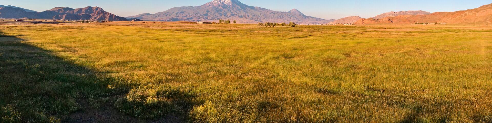 Aerial view of Mount Ararat, Agri Dagi. The highest mountain in Turkey on the border between the region of Agri and Igdir. The resting place of Noah's Ark. City of Dogubayazit in the background