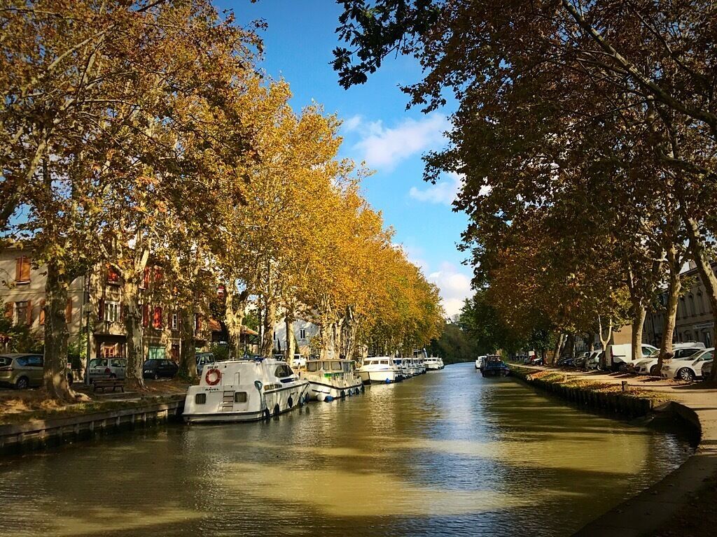 A canal lined with autumn-colored trees and boats docked along the water.