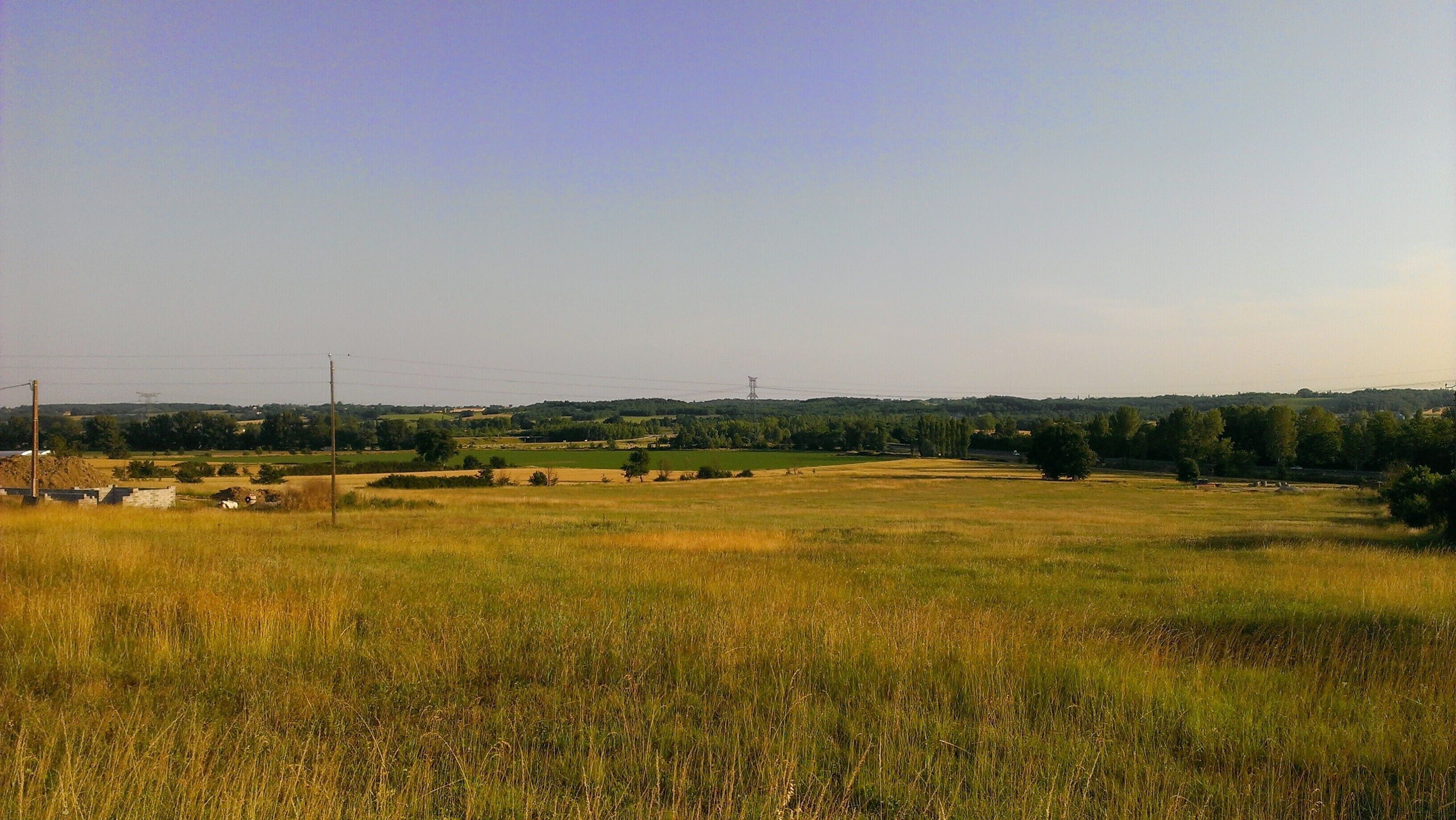 A rural landscape with a field, trees, and distant hills.