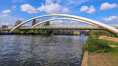 View of Walton bridge across the Thames River, England, UK. Walton Bridge is a road bridge across the River, carrying the A244 between Walton-on-Thames and Shepperton.