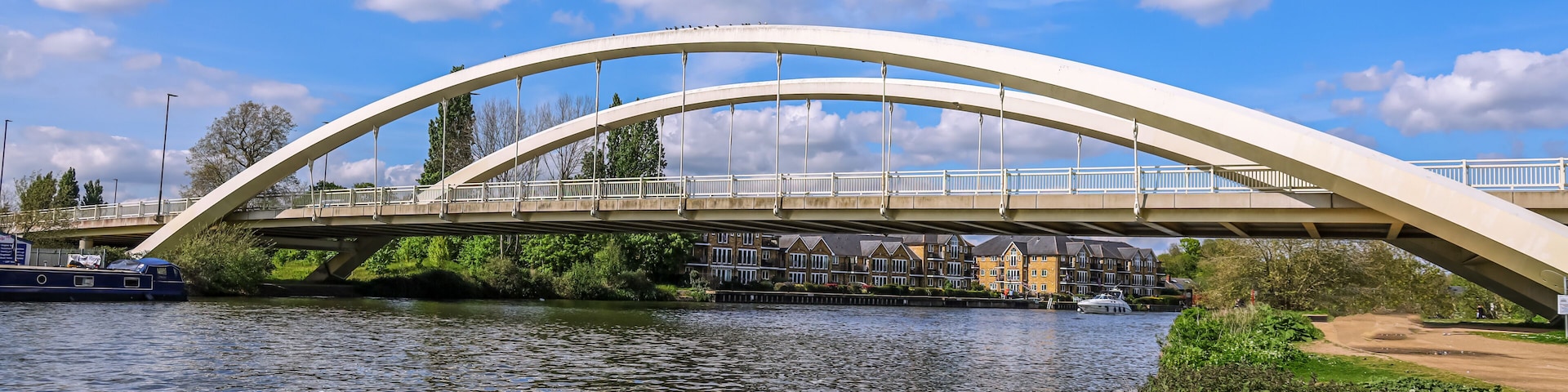 View of Walton bridge across the Thames River, England, UK. Walton Bridge is a road bridge across the River, carrying the A244 between Walton-on-Thames and Shepperton.
