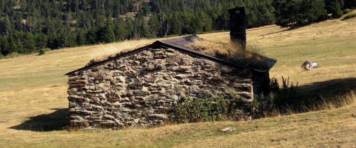 A stone house with a thatched roof in a grassy field, surrounded by a forested mountain range.