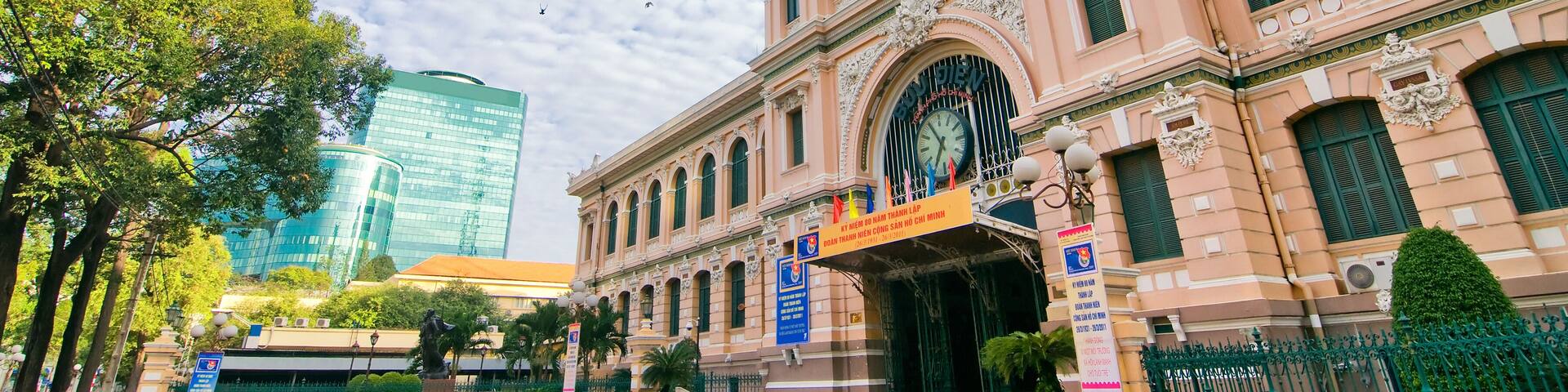 Saigon Central Post Office is a post office in the downtown Ho Chi Minh City, near Saigon Notre-Dame Basilica, the city's cathedral. The building was constructed when Vietnam was part of French Indoch